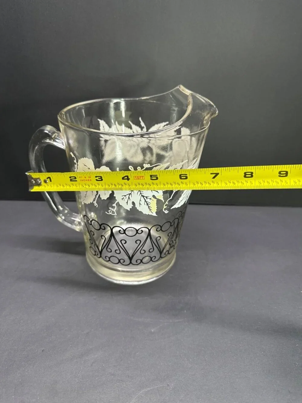 Vtg Bartlett Collin's Style Glass Pitcher Etched Grapevine Design 8.25